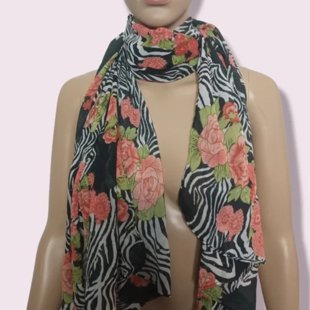 Sheer Zebra And Rose Print Scarf - Picture 4 of 5